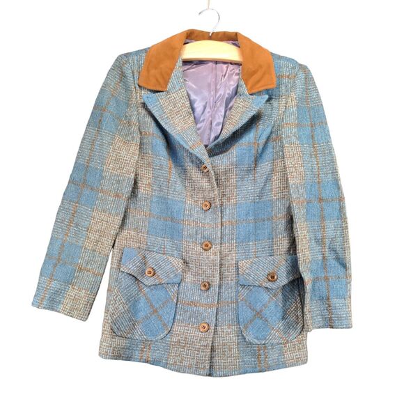 Four Corners Button Blazer Wool Coat Actual 32x26.5 Blue Gray Plaid Front Pocket - Picture 1 of 11